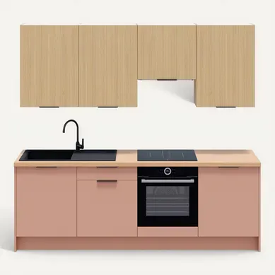 Ensemble De 8 Meubles De Cuisine - L. 245 Cm - Abricot Et Chêne Clair Cannelé - Luzia Mix Ensemble De 8 Meubles De Cuisine - L. 245 Cm - Abricot Et Chêne Clair Cannelé - Luzia Mix