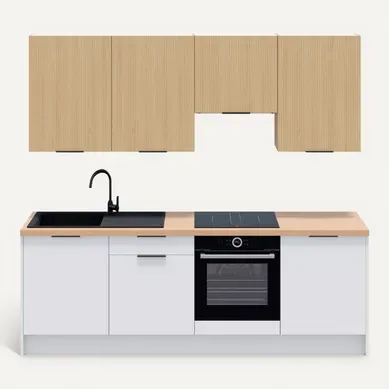 Ensemble De 8 Meubles De Cuisine - L. 245 Cm - Blanc Et Chêne Clair Cannelé - Luzia Mix Ensemble De 8 Meubles De Cuisine - L. 245 Cm - Blanc Et Chêne Clair Cannelé - Luzia Mix