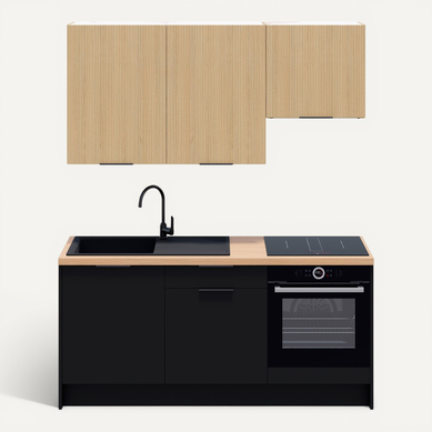 Ensemble De 6 Meubles De Cuisine - L. 185 Cm - Noir Et Chêne Clair Cannelé - Luzia Mix Ensemble De 6 Meubles De Cuisine - L. 185 Cm - Noir Et Chêne Clair Cannelé - Luzia Mix