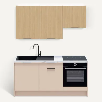 Ensemble De 6 Meubles De Cuisine - L. 185 Cm - Beige Cachemire Et Chêne Clair Cannelé - Luzia Mix Ensemble De 6 Meubles De Cuisine - L. 185 Cm - Beige Cachemire Et Chêne Clair Cannelé - Luzia Mix