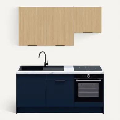 Ensemble De 6 Meubles De Cuisine - L. 185 Cm - Bleu Marine Et Chêne Clair Cannelé - Luzia Mix Ensemble De 6 Meubles De Cuisine - L. 185 Cm - Bleu Marine Et Chêne Clair Cannelé - Luzia Mix