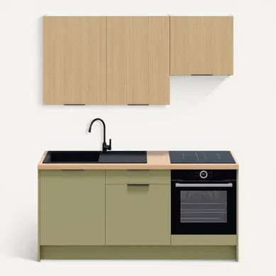 Ensemble De 6 Meubles De Cuisine - L. 185 Cm - Vert Olive Et Chêne Clair Cannelé - Luzia Mix Ensemble De 6 Meubles De Cuisine - L. 185 Cm - Vert Olive Et Chêne Clair Cannelé - Luzia Mix