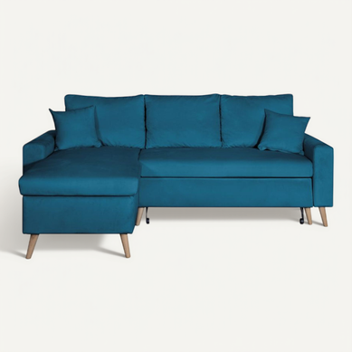 Canapé D'angle Maria Scandinave Velours Réversible Et Convertible Avec Coffre -  Bleu Pétrole