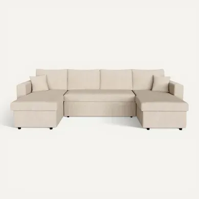 Canapé D'angle Panoramique Maria Convertible Avec 2 Coffres En Velours Côtelé - Beige