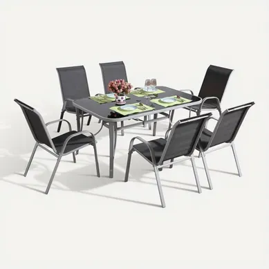 Table Et Chaises De Jardin En Textilène "cordoba" - Phoenix - 6 Places - Gris Foncé