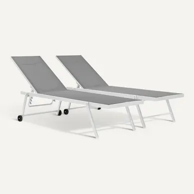 Lot De 2 Bains De Soleil Textilène Aluminium "jolia" - Gris / Blanc
