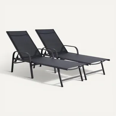Lot De 2 Bains De Soleil En Métal Avec Accoudoirs "farniente" - Noir