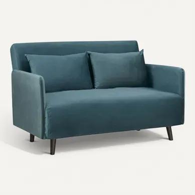 Belushi - Canapé Convertible 2 Places En Velours Pieds Bois Foncé - Bleu Canard