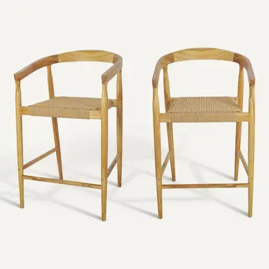 Buri - Lot De 2 Fauteuils De Bar En Teck Et Corde Tressé H65cm - Bois Clair