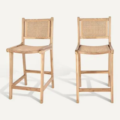 Basuki - Lot De 2 Tabourets De Bar En Teck Et Cannage H65cm - Bois Clair