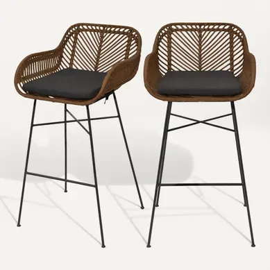 Nunuhai - Lot De 2 Tabourets De Bar En Rotin H68cm - Bois Foncé