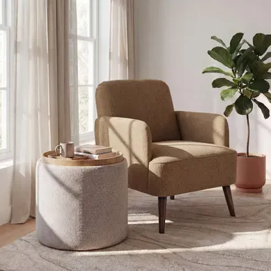 Fauteuil Rétro En Tissu Pieds Bois Foncé Beige