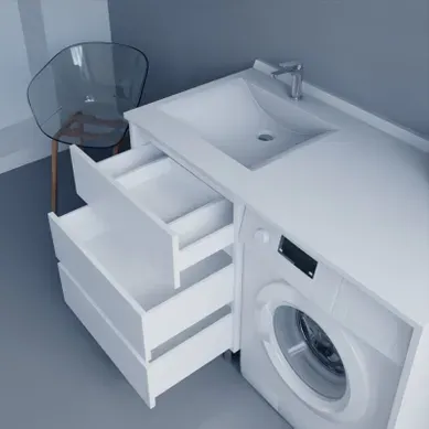 Meuble Spécial Lave-linge Kora Avec Plan Vasque Déportée 124 Cm X 65 Cm- Blanc- Vasque À Gauche Meuble Spécial Lave-linge Kora Avec Plan Vasque Déportée 124 Cm X 65 Cm- Blanc- Vasque À Gauche