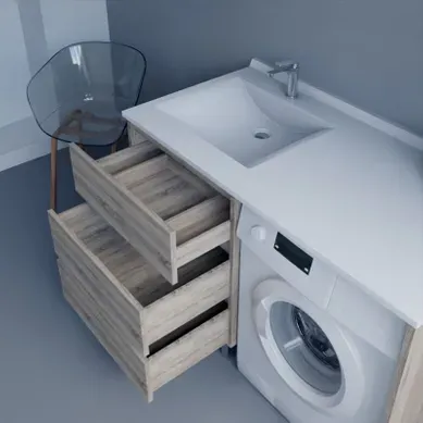 Meuble Spécial Lave-linge Kora Avec Plan Vasque Déportée 124 Cm X 65 Cm- Bois- Vasque À Gauche Meuble Spécial Lave-linge Kora Avec Plan Vasque Déportée 124 Cm X 65 Cm- Bois- Vasque À Gauche
