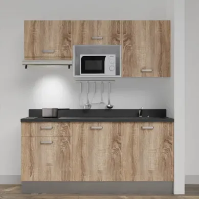 Kitchenette K30 - Bois - Plan Monobloc Nero évier à Droite Kitchenette K30 - Bois - Plan Monobloc Nero évier à Droite