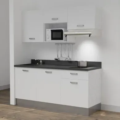 Kitchenette K30 - Blanc - Plan Monobloc Nero évier à Gauche Kitchenette K30 - Blanc - Plan Monobloc Nero évier à Gauche