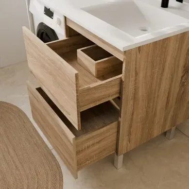Meuble Pour Lave-linge Idea, Plan Vasque Déportée 124 Cm X 65 Cm- Bois- Vasque À Droite Meuble Pour Lave-linge Idea, Plan Vasque Déportée 124 Cm X 65 Cm- Bois- Vasque À Droite