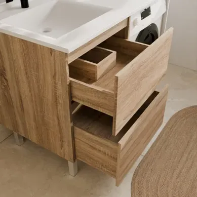 Meuble Lave-linge Idea, Plan Vasque Déportée + Miroir Elégance H105- Bois- Vasque À Gauche Meuble Lave-linge Idea, Plan Vasque Déportée + Miroir Elégance H105- Bois- Vasque À Gauche