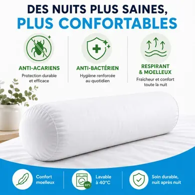 Traversin 140 Cm - Anti-acariens Et Anti-bactérien - Enveloppe 100% Coton - Lavable - Confort