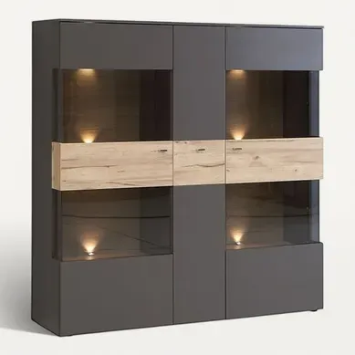 Armoire Vitrine 150 Cm 3 Portes Décor Bois Clair Et Gris - Marbella Armoire Vitrine 150 Cm 3 Portes Décor Bois Clair Et Gris - Marbella