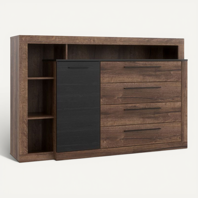 Commode 4 Tiroirs 1 Porte Décor Chêne Foncé Et Noir - Riviera Commode 4 Tiroirs 1 Porte Décor Chêne Foncé Et Noir - Riviera