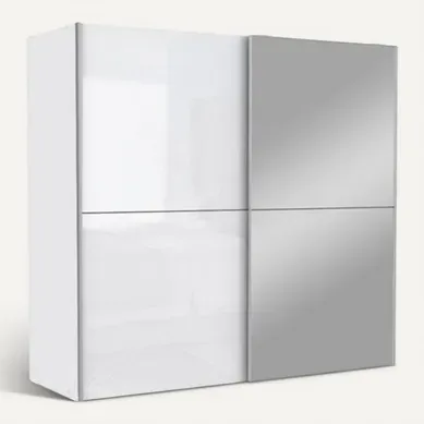 Armoire 2 Portes Coulissantes 5 Tablettes Blanc Laqué Miroir - Jeik