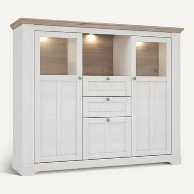 Buffet Vitrine 3 Portes 2 Tiroirs + LED Décor Chêne Blanchi - Angele Buffet Vitrine 3 Portes 2 Tiroirs + LED Décor Chêne Blanchi - Angele