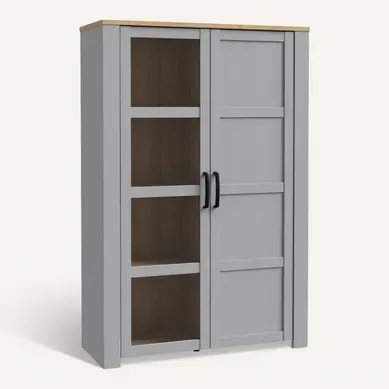 Vitrine H161 Cm Décor Chêne Et Gris Clair Avec Poignées Noir - Antibes Vitrine H161 Cm Décor Chêne Et Gris Clair Avec Poignées Noir - Antibes