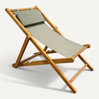Chaise Longue Chilienne Jardin En Teck Et Toile Vert/gris - Ancolie Chaise Longue Chilienne Jardin En Teck Et Toile Vert/gris - Ancolie