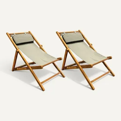 Lot 2 Chaises Longues Chiliennes Teck Et Toile Vert/gris - Ancolie Lot 2 Chaises Longues Chiliennes Teck Et Toile Vert/gris - Ancolie