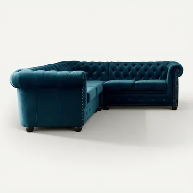 William - Canapé Chesterfield D'angle - 5 Places - En Velours Bleu Canard William - Canapé Chesterfield D'angle - 5 Places - En Velours Bleu Canard