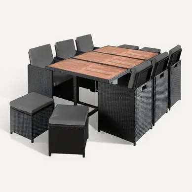 Salon De Jardin Encastrable 10 Places En Résine Tressée Noir Avec Coussins Gris + Housse De Salon De Jardin Encastrable 10 Places En Résine Tressée Noir Avec Coussins Gris + Housse De