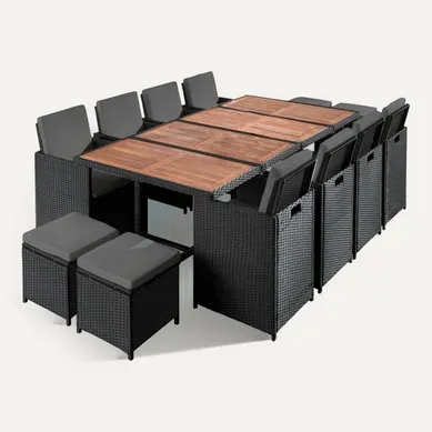 Salon De Jardin Encastrable 12 Places   En Résine Tressée   Noir Avec Coussins Gris + Housse De