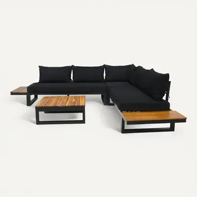 Salon Bas De Jardin 5 Places + Table Modulable Bois, Métal Et Coussins Noirs Salome Noir Et Salon Bas De Jardin 5 Places + Table Modulable Bois, Métal Et Coussins Noirs Salome Noir Et
