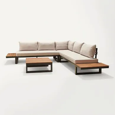 Salon Bas De Jardin 5 Places + Table Modulable Bois, Métal Et Coussins Beiges Salome Noir, Bois Salon Bas De Jardin 5 Places + Table Modulable Bois, Métal Et Coussins Beiges Salome Noir, Bois