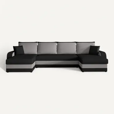 Valos - Canapé Panoramique 7 Places Convertible Coffre En Velours Noir / Gris