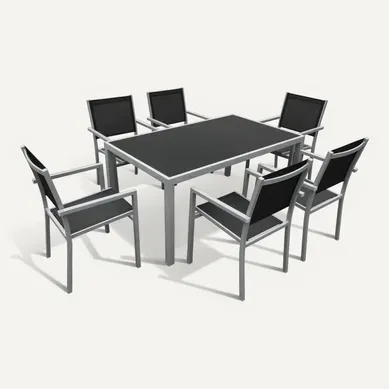 Salon De Jardin Bergamo En Textilène Noir 6 Places - Aluminium Gris