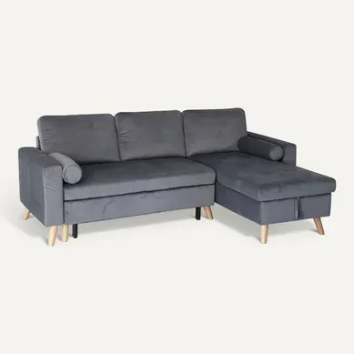 Canapé D'angle Convertible James 3 Places En Velours Gris Canapé D'angle Convertible James 3 Places En Velours Gris