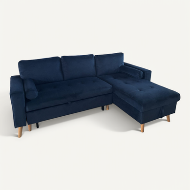 Canapé D'angle Convertible James 3 Places En Velours Bleu