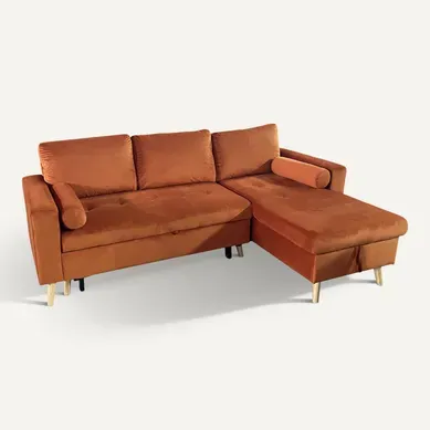 Canapé D'angle Convertible James 3 Places En Velours Terracotta Canapé D'angle Convertible James 3 Places En Velours Terracotta