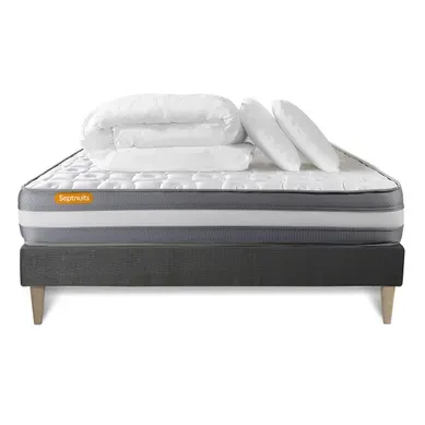 Pack Matelas + Sommier Kit Gris 180x200 Memo Plus Mémoire De Forme + 2 Oreillers + Couette - Mémoire