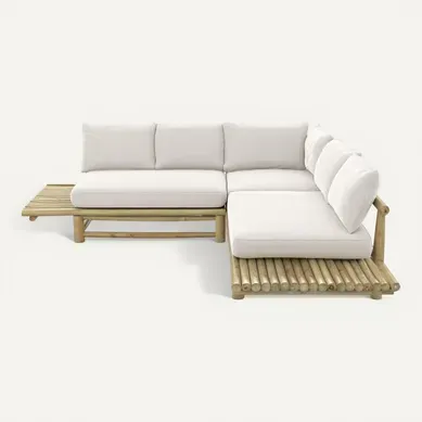 Canapé D'angle De Jardin 4 Places En Teck Et Coussins Blancs - Sunny Canapé D'angle De Jardin 4 Places En Teck Et Coussins Blancs - Sunny