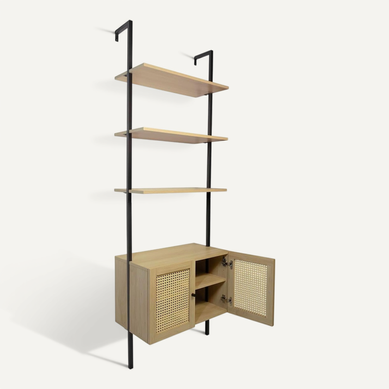 étagère Murale 2 Portes Cannage Métal Noir Et Bois 60 X 35 X 184 Cm