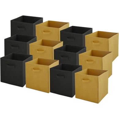 Lot De 12 Paniers Pliables En Tissu Noir Et Jaune 27 X 27 X 27 Cm