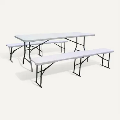 Ensemble Table De Jardin Pliante + 2 Bancs Pliants " Foldy" - Blanc