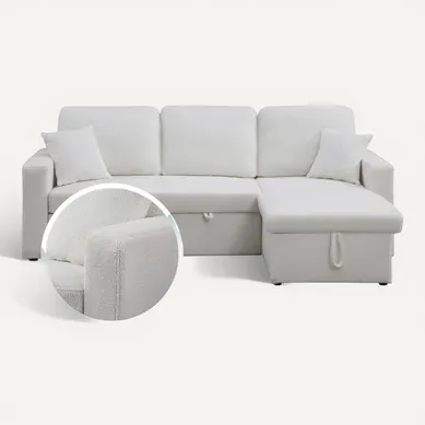 Canapé D'angle Convertible/reversible Avec Coffre "alain" - 3 Places - Bouclettes - Blanc Canapé D'angle Convertible/reversible Avec Coffre "alain" - 3 Places - Bouclettes - Blanc