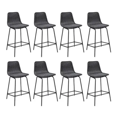 Lot De 8 Tabourets D'ilot Et Bar Bali En Métal Et Assise En Rotin 65cm Noir