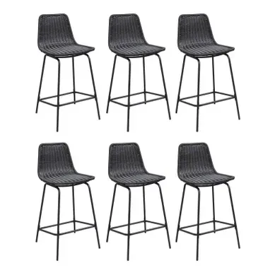 Lot De 6 Tabourets D'ilot Et Bar Bali En Métal Et Assise En Rotin 65cm Noir