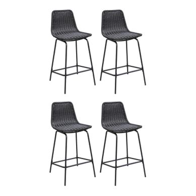 Lot De 4 Tabourets D'ilot Et Bar Bali En Métal Et Assise En Rotin 65cm Gris