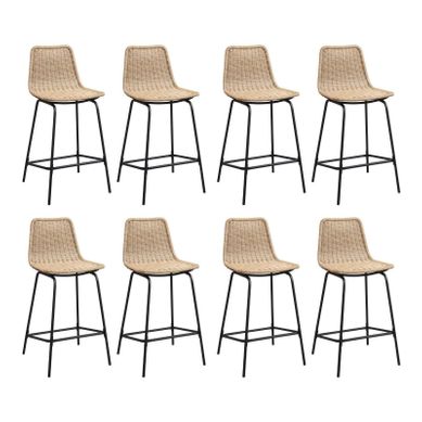 Lot De 8 Tabourets D'ilot Et Bar Bali En Métal Et Assise En Rotin 65cm Beige
